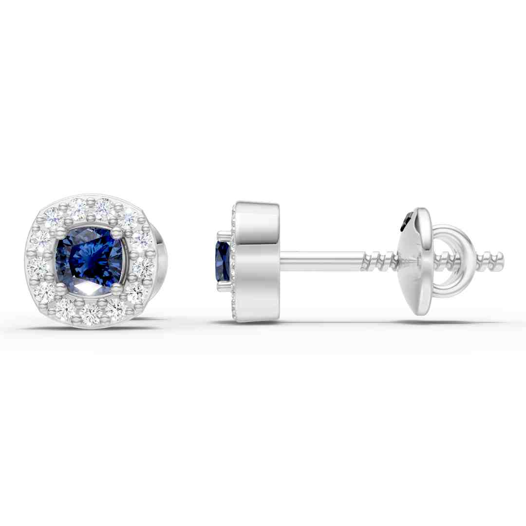 Blue Sapphire Halo Diamond Stud Earrings